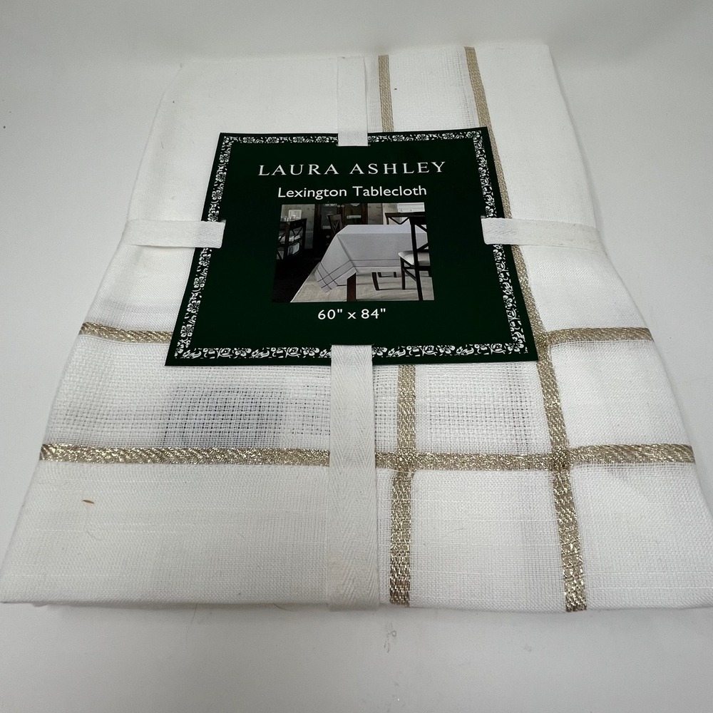 Laura Ashley Lexington Tablecloth White Sparkling Gold Ribbon 60 x 84 Inch New